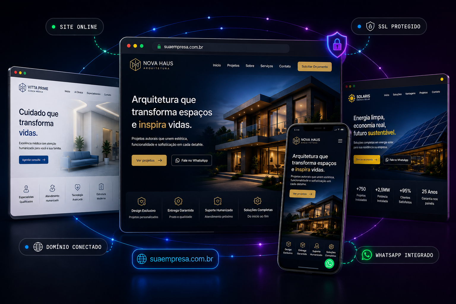Sites de clientes ORYZON CODE em notebook e celular, com selos de site online, SSL e WhatsApp integrado